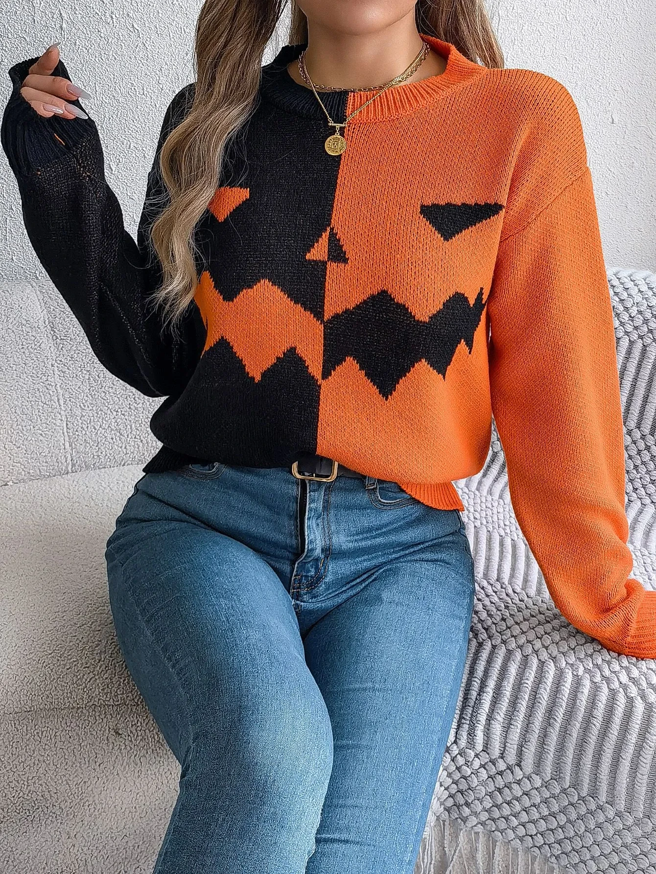 Suéter de Halloween con contraste de colores para mujer