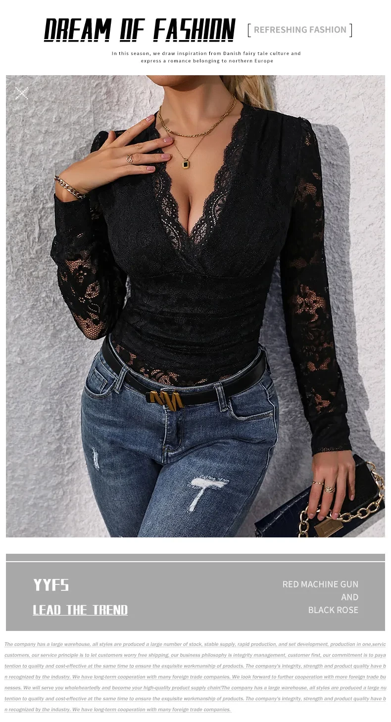 Body de manga larga con cordones para mujer, mono sexy con escote en V profundo y cierre de presión en la entrepierna, camiseta de leotardo para mujer