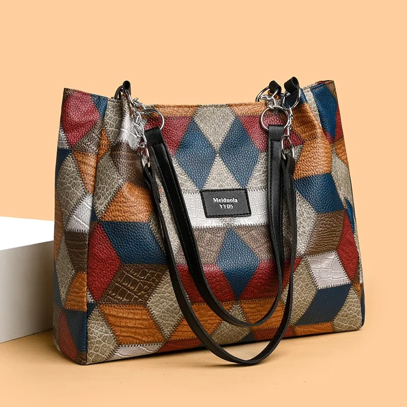 Bolso de hombro con estampado geométrico retro a juego, de gran capacidad y moderno, con costuras para mujer.