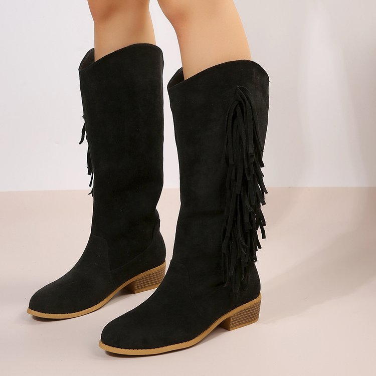 Botas de tubo largo de ante con borlas y tacón bajo de talla grande