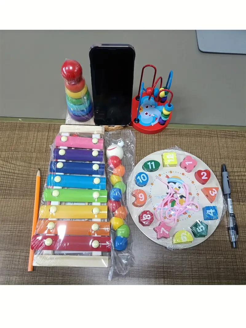 Juego de 5 juguetes de madera con xilófono y cuentas de reloj, juguetes educativos para bebés.