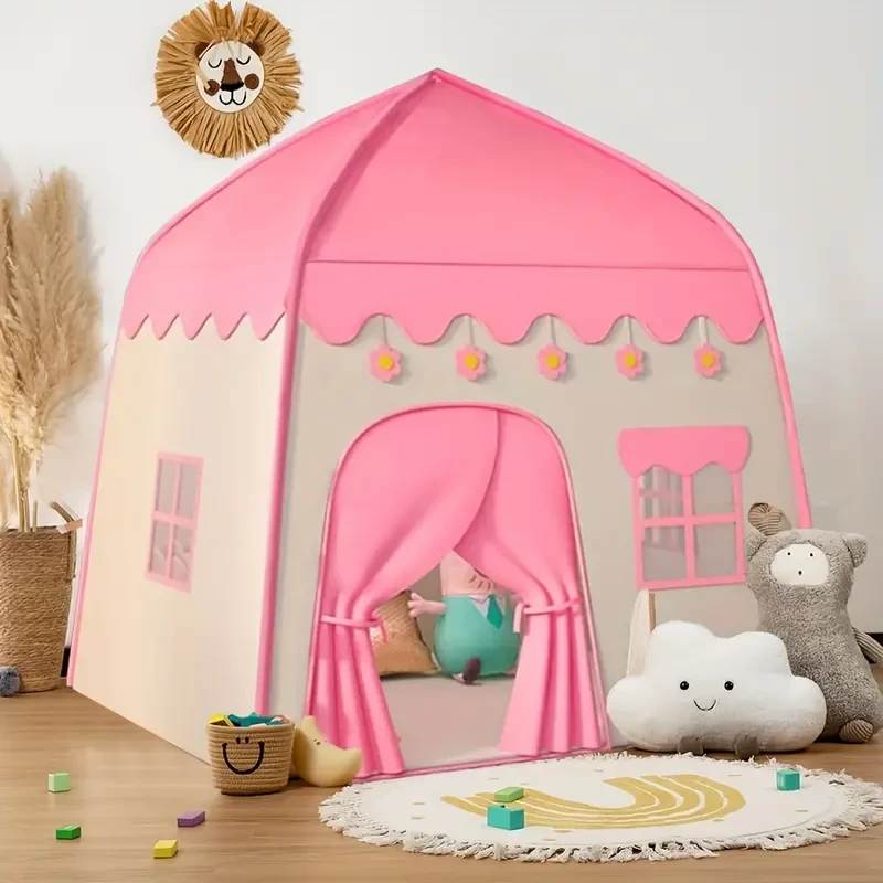 Tienda de juegos infantil de princesas | Casita de juegos grande para interior con diseño floral rosa