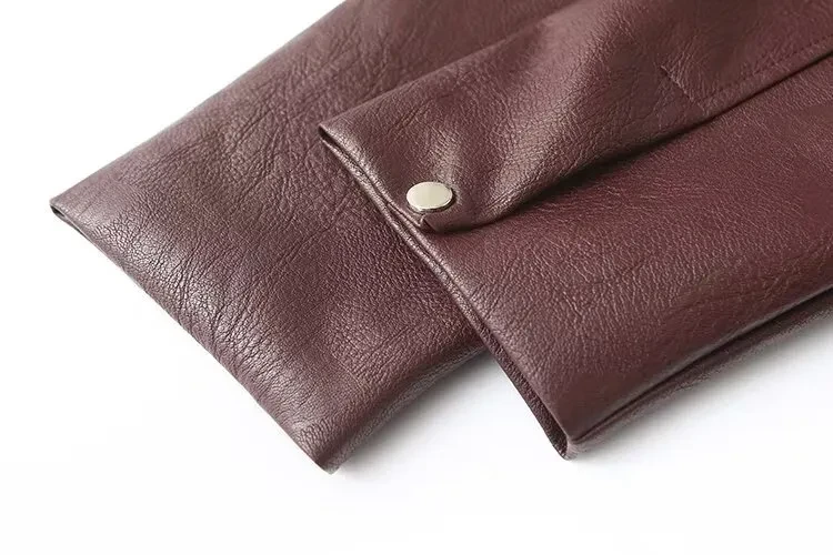 Chaqueta de cuero con solapa y cremallera de color liso, informal, de manga larga, para mujer