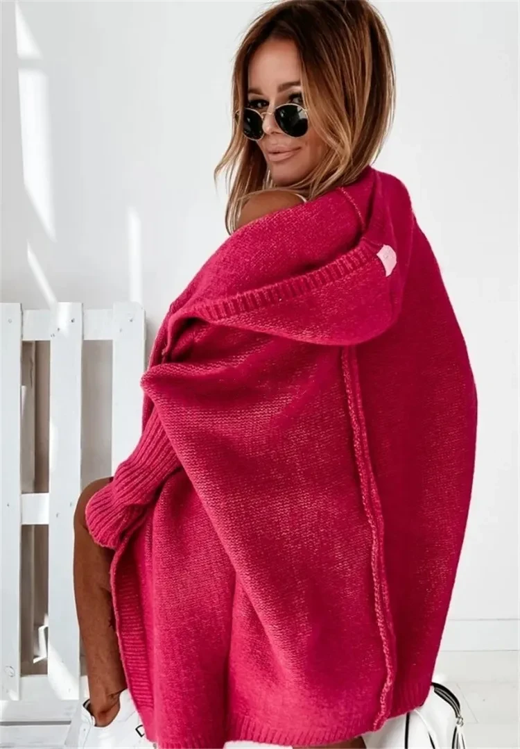 Cárdigan holgado de manga murciélago con capucha y cuello redondo para mujer, suéter de color liso, talla grande