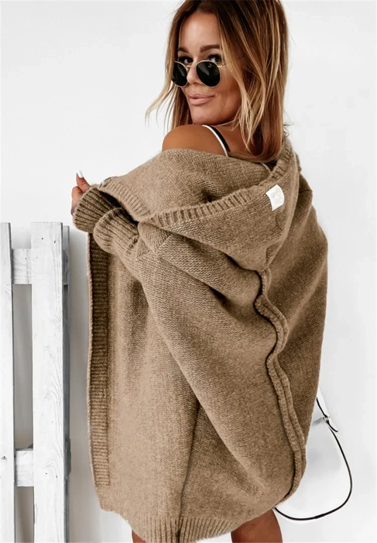 Cárdigan holgado de manga murciélago con capucha y cuello redondo para mujer, suéter de color liso, talla grande