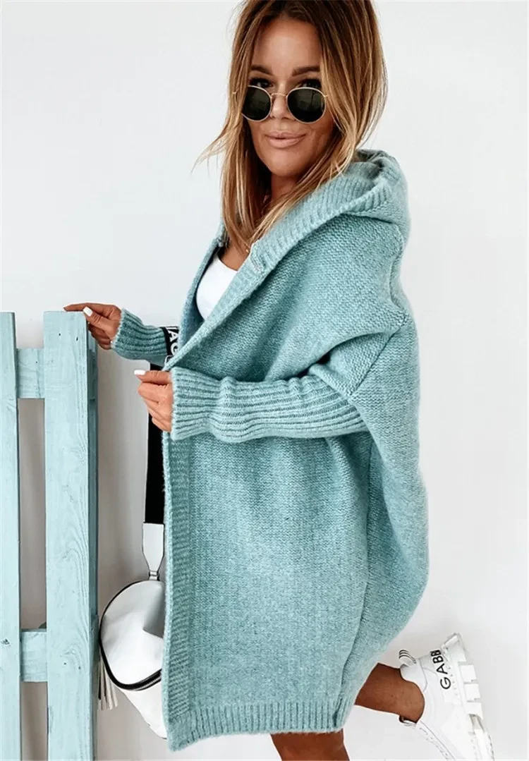 Cárdigan holgado de manga murciélago con capucha y cuello redondo para mujer, suéter de color liso, talla grande