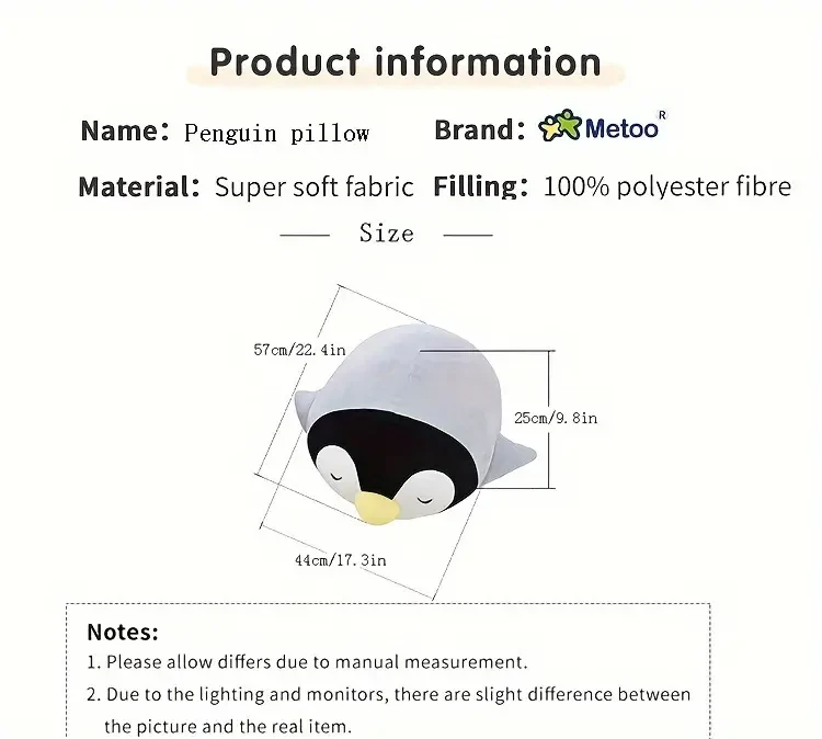 1 almohada de pingüino de peluche para adultos, suave y bonita, de tela.