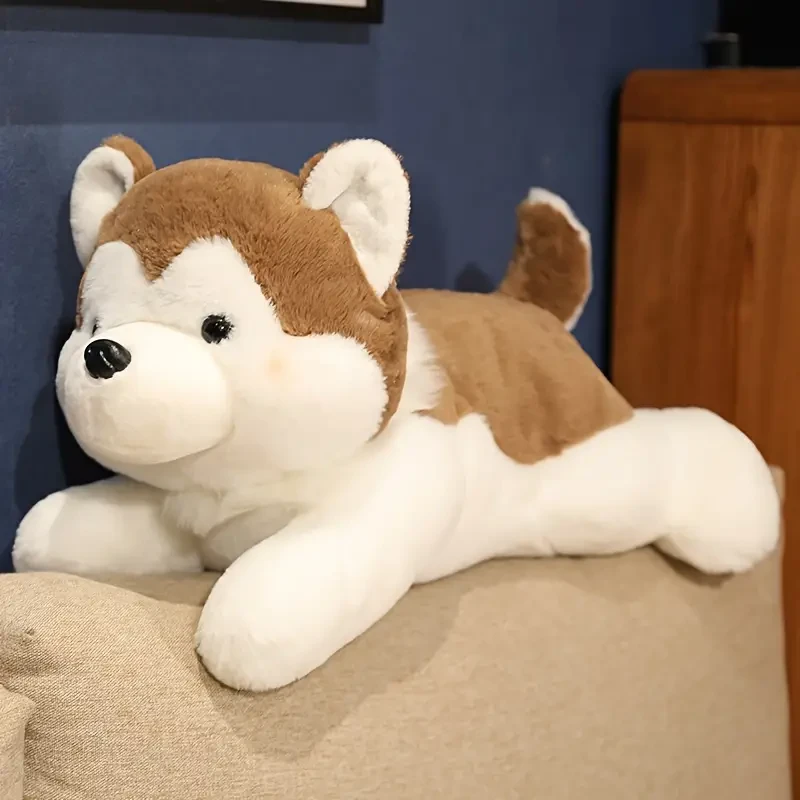 Simulación de almohada de peluche de husky acostado, juguete de peluche de husky acostado