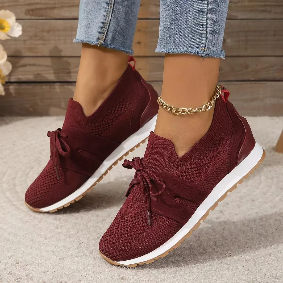 Zapatos planos de malla con cordones para mujer, transpirables, informales, con cuñas para caminar.