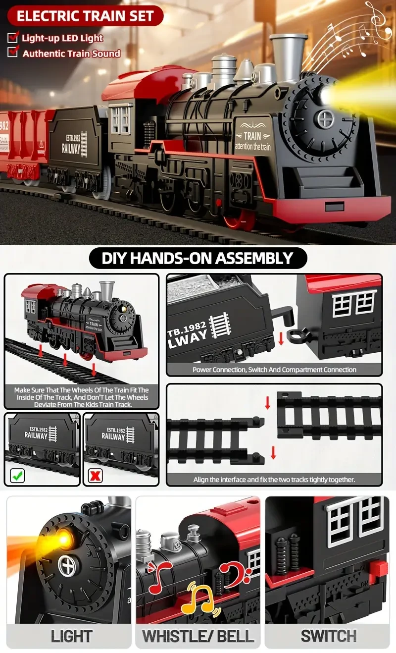 Tren eléctrico vintage con motor de vapor, luces y sonidos. Funciona con pilas (pilas AA no recargables incluidas). Regalo perfecto para Navidad, Halloween y Acción de Gracias.