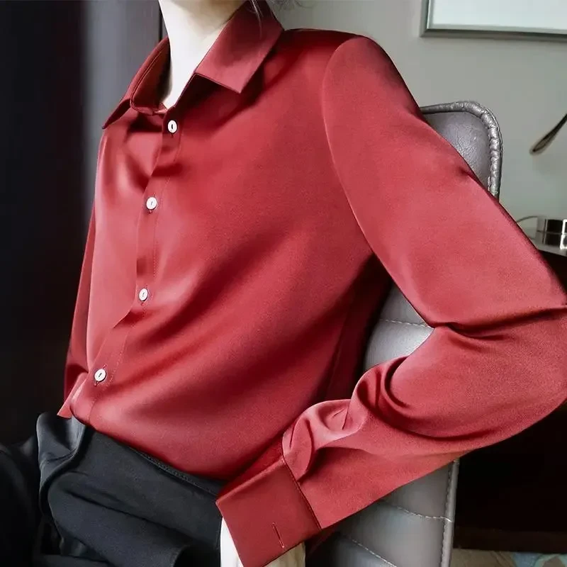Camisa de manga larga de satén para mujer, primavera y otoño