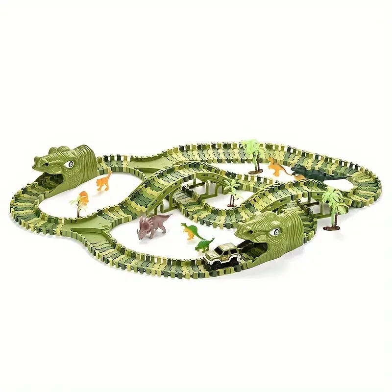 Pista de dinosaurios y coche eléctrico para niños: kit de carreras jurásicas para armar con pilas AA no recargables, el regalo ideal para los más pequeños.