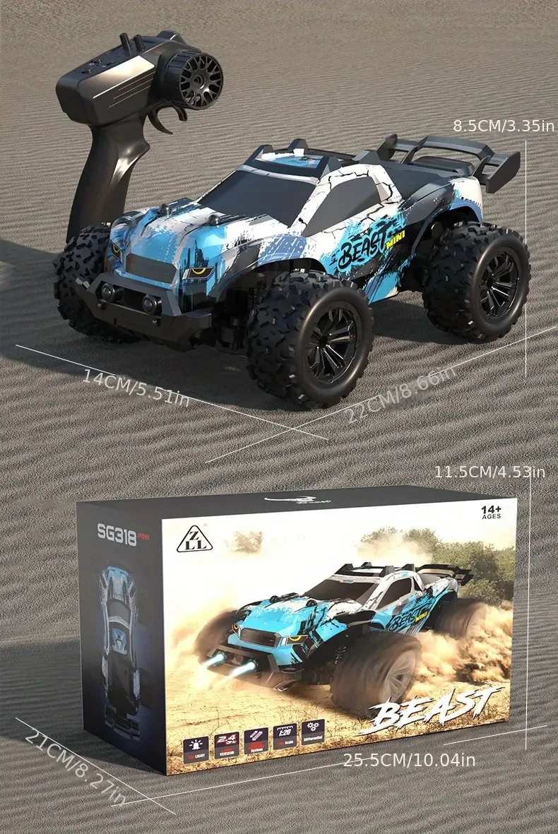 Camión monstruo RC ZLL SG318 PRO de alta velocidad a 20 km/h - Escala 1:20, batería de litio recargable, carga USB, resistente a la intemperie, color azul