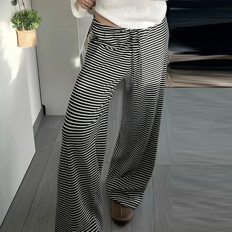 Pantalones con estampado de rayas para mujer, moda Y2K, informales, con cordones, rectos y de pierna ancha