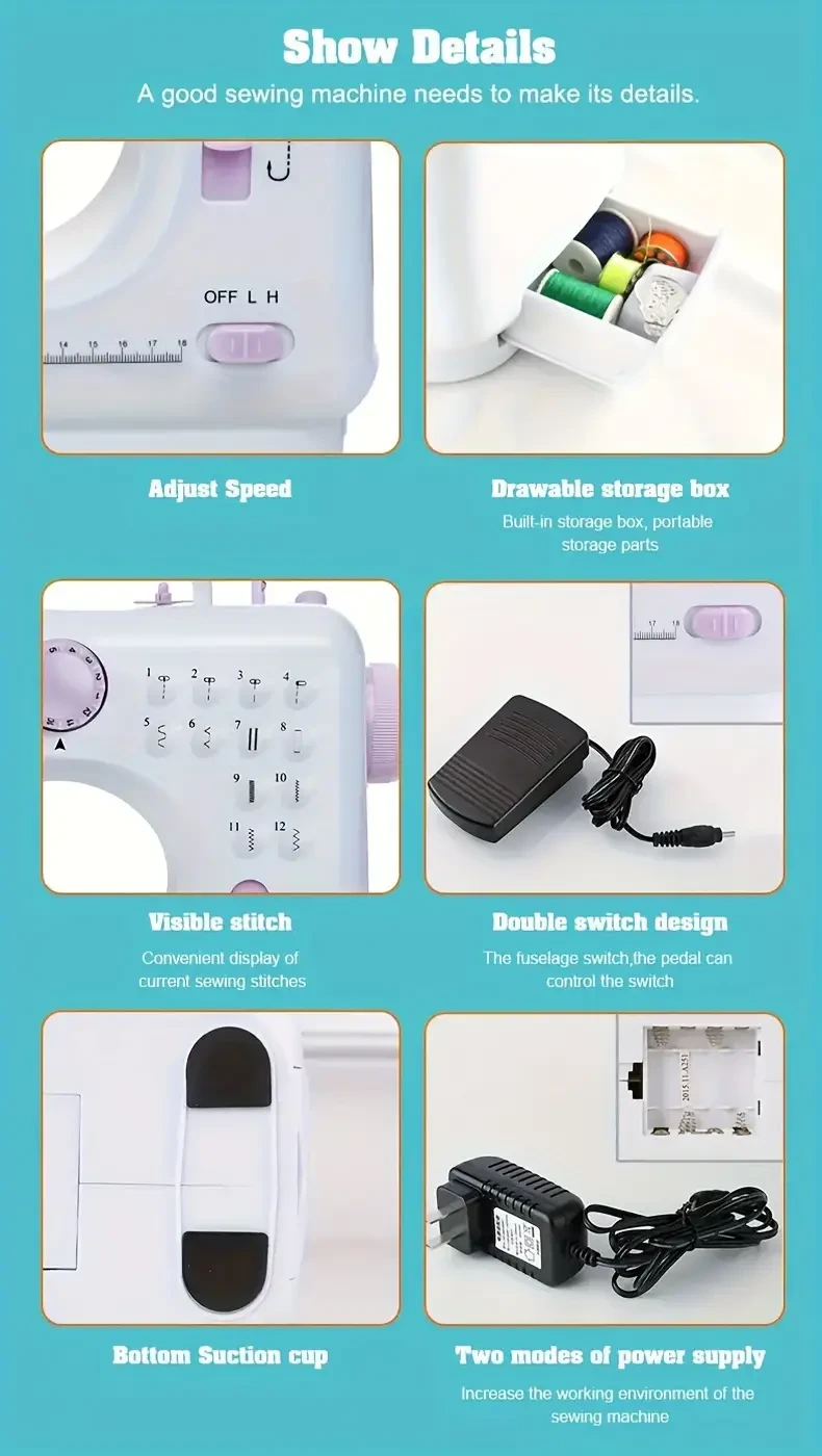 Máquina de coser portátil de velocidad ajustable