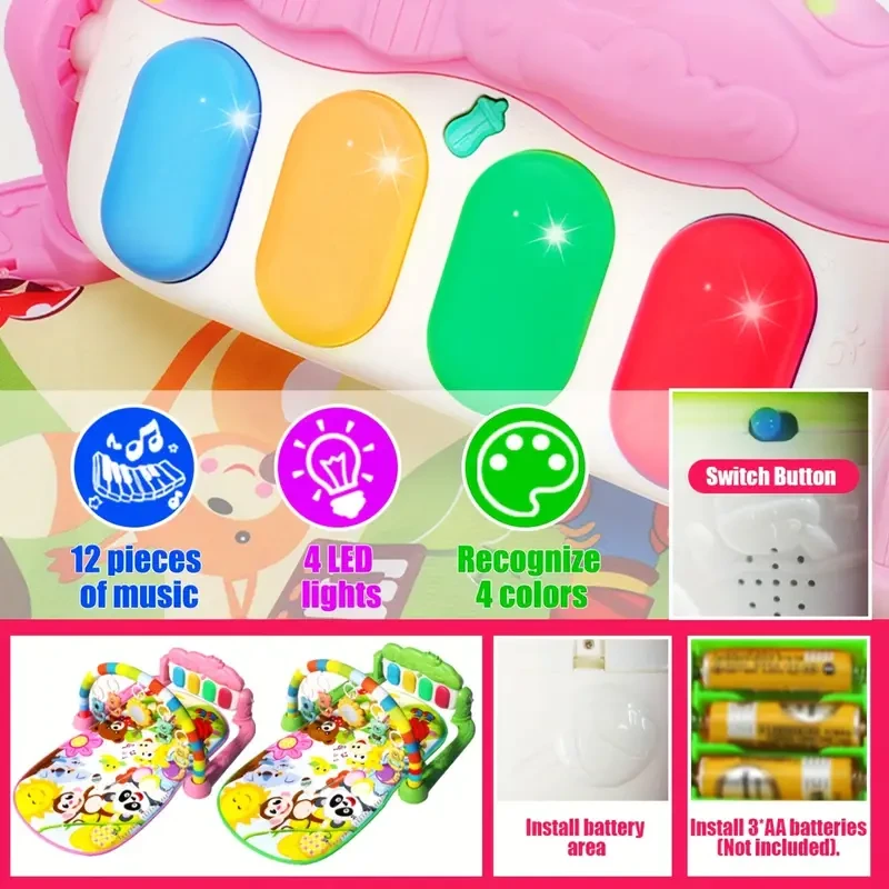 Tapete de juego interactivo para niños con piano de pedal musical: divertido y educativo juguete de fitness para niños, regalo perfecto para Navidad, cumpleaños y Halloween. Verde/Rosa.