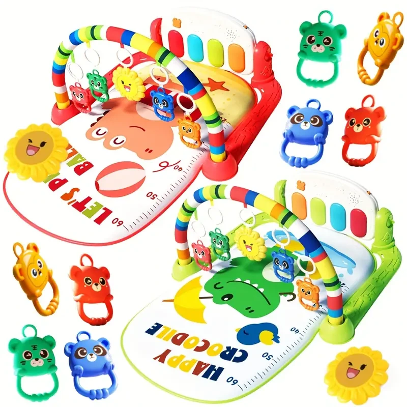 Gimnasio infantil con música - Tapete interactivo de actividades para bebés con piano, requiere ensamblaje, centro de juegos educativo para niños de 0 a 3 años, colchoneta para ejercicios boca abajo con accesorios de colores aleatorios, ideal para regalo
