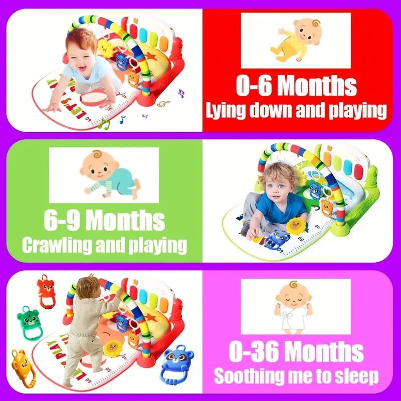 Gimnasio infantil con música - Tapete interactivo de actividades para bebés con piano, requiere ensamblaje, centro de juegos educativo para niños de 0 a 3 años, colchoneta para ejercicios boca abajo con accesorios de colores aleatorios, ideal para regalo