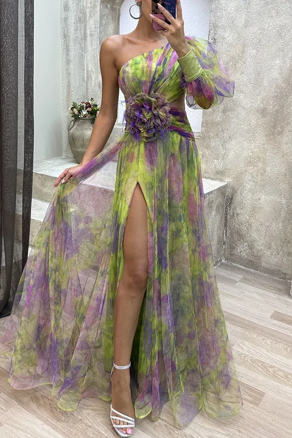 Vestido largo de verano con hombros descubiertos, estampado tie-dye y malla, para fiesta, para mujer
