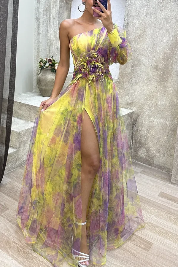 Vestido largo de verano con hombros descubiertos, estampado tie-dye y malla, para fiesta, para mujer