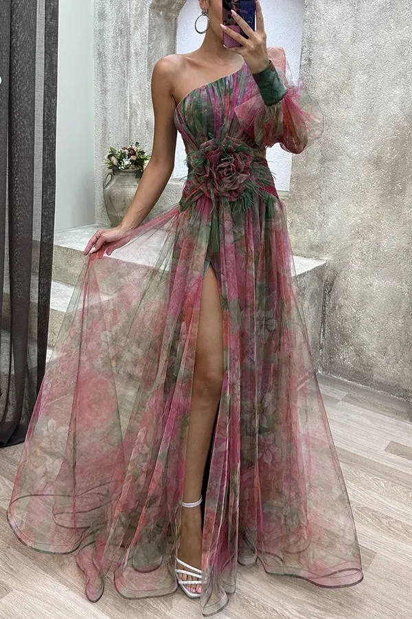 Vestido largo de verano con hombros descubiertos, estampado tie-dye y malla, para fiesta, para mujer