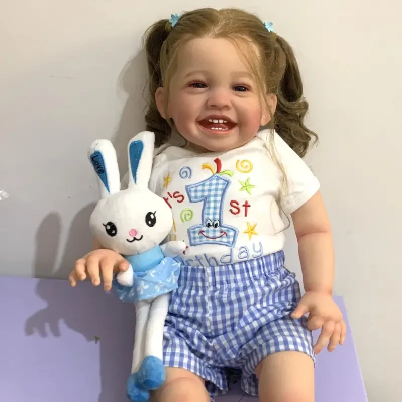 Adorable muñeca renacida de 24 pulgadas, hecha a mano, con piel realista pintada en 3D, silicona suave y vasos sanguíneos. Juguete para niña pequeña, feliz y sonriente, regalo de Navidad y Halloween.