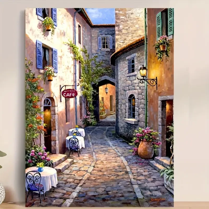 Kit de pintura por números sobre lienzo de 40 x 50 cm con marco de madera - Escena de pueblo italiano