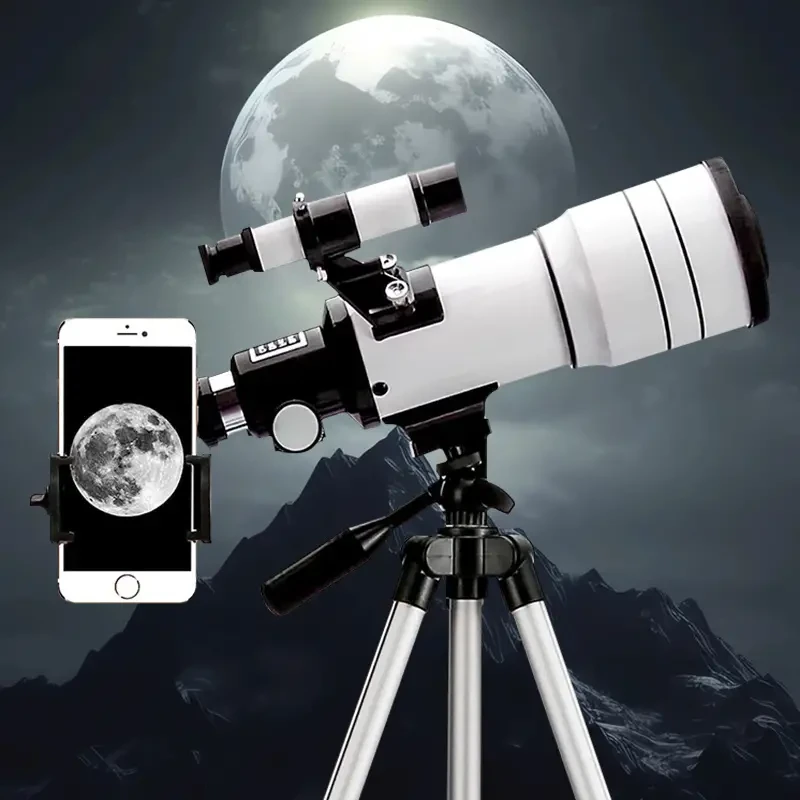 Telescopio astronómico F30070 de alta potencia para observación de estrellas en cielo profundo con aumento de 150x, distancia focal de 300 mm y objetivo grande de 70 mm. Ideal para acampar al aire libre, viajar y observar astronomía.