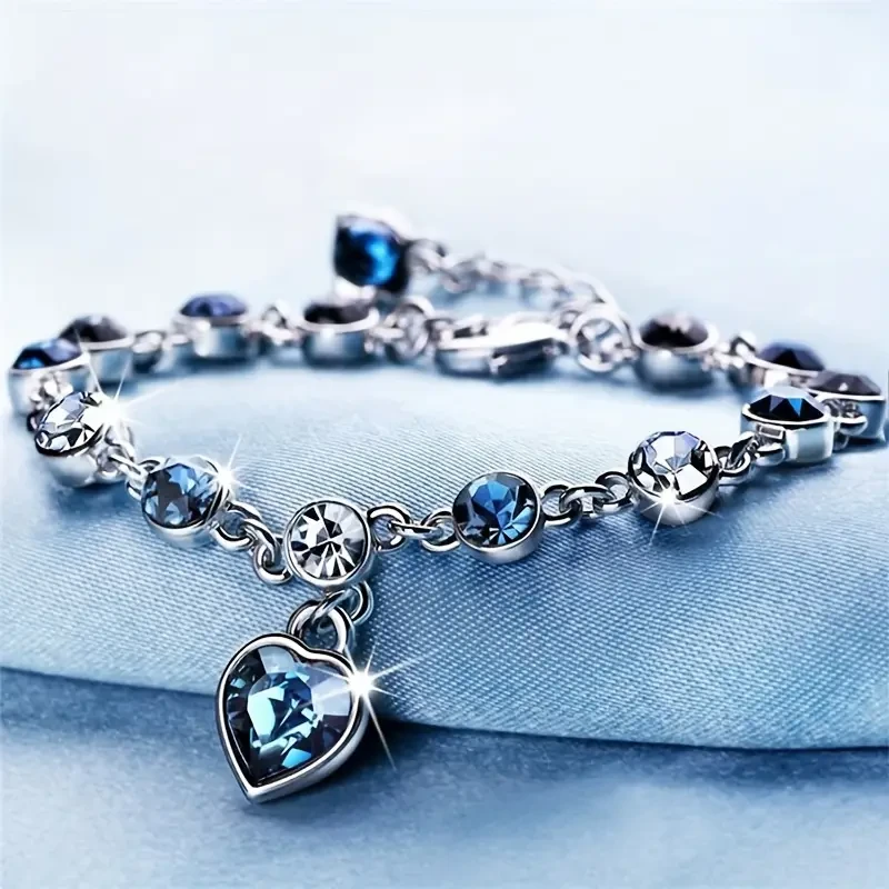 Pulsera de diamantes de imitación con corazón radiante del océano