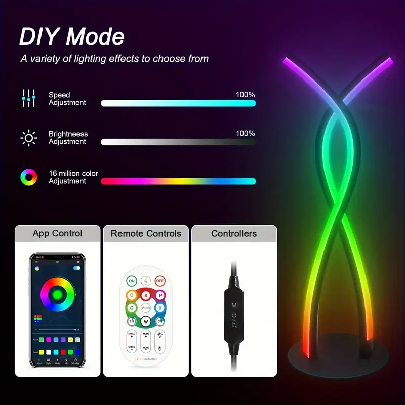 Lámpara de mesa artística LED en espiral (1 unidad) - Luz ambiental RGB con brillo ajustable