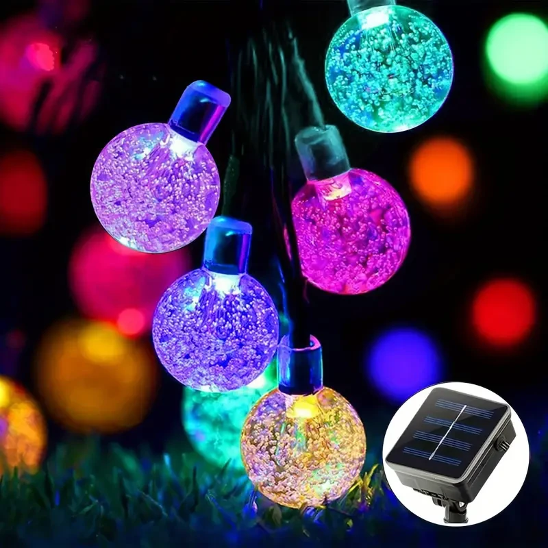 Guirnalda de luces solares multicolor vibrantes (1 unidad): 30 bolas de cristal LED, 6,5 m, 8 modos