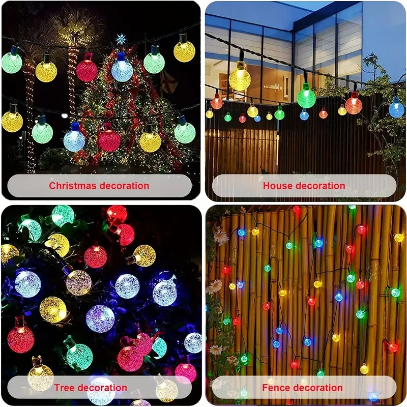 Guirnalda de luces solares multicolor vibrantes (1 unidad): 30 bolas de cristal LED, 6,5 m, 8 modos