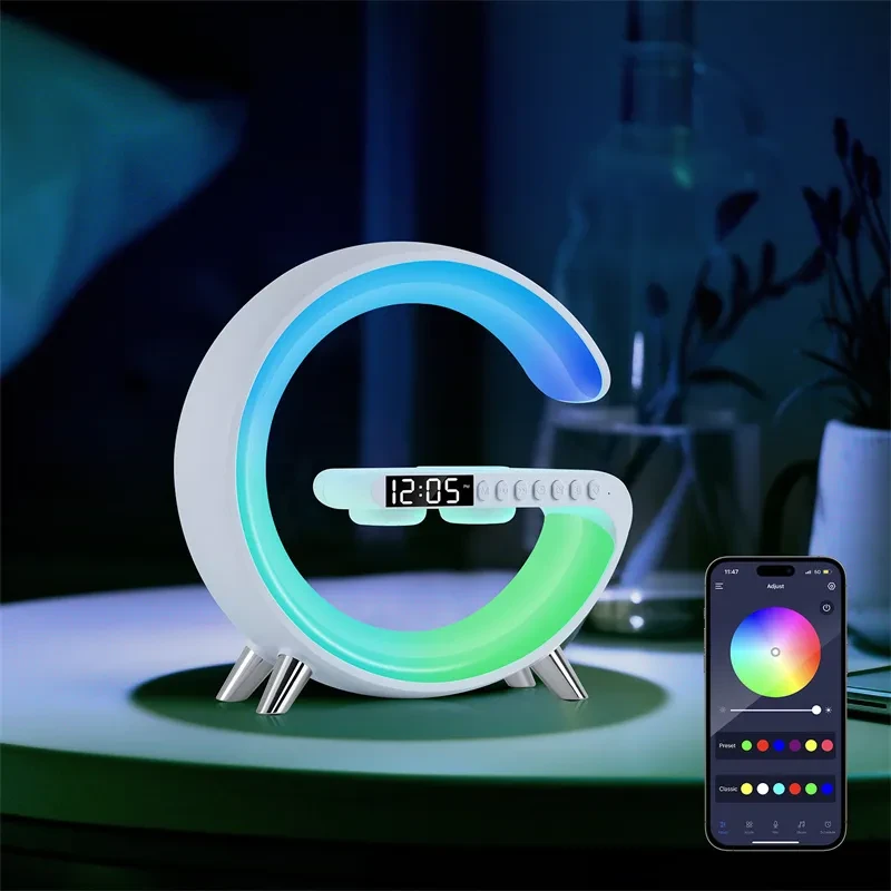Nueva lámpara LED inteligente en forma de G con altavoz Bluetooth, cargador inalámbrico, lámpara de ambiente, control por aplicación para la decoración del dormitorio y el hogar.