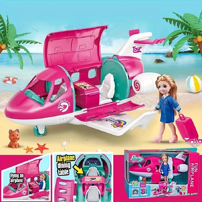 1 juego de muñecas Dream Princess de moda con avión, color rosa, maleta de viaje, juguetes para cachorros, sin electricidad, perfecto para Halloween y Navidad.