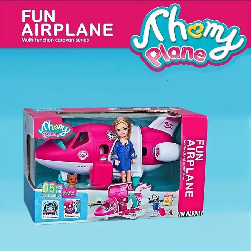 1 juego de muñecas Dream Princess de moda con avión, color rosa, maleta de viaje, juguetes para cachorros, sin electricidad, perfecto para Halloween y Navidad.