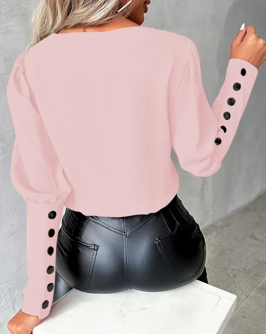 Blusa de manga larga con cuello en V y botones para mujer, estilo informal, lisa, para ir al trabajo