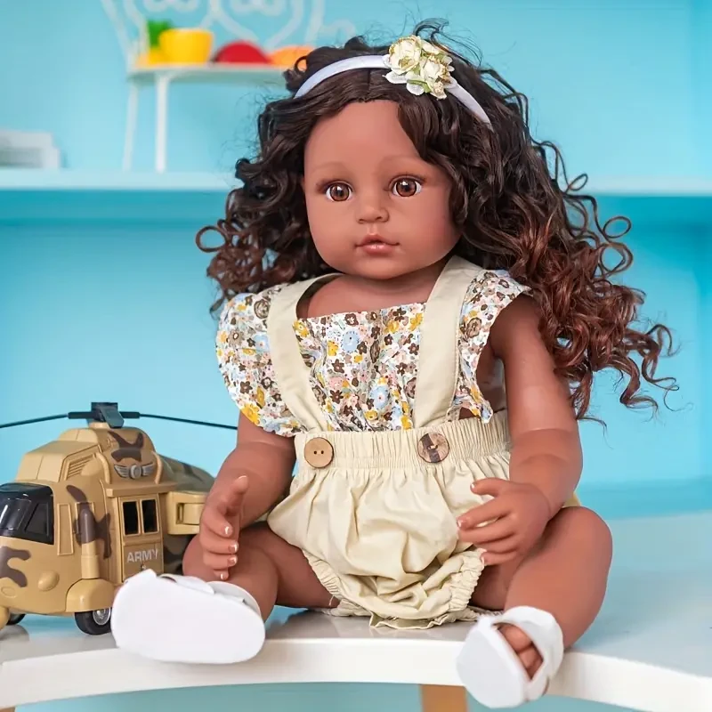 Muñeca bebé renacida de 22 pulgadas/55 cm con cabello rizado brillante, realista, vinilo resistente al agua, regalo perfecto para Halloween, Acción de Gracias y Navidad.