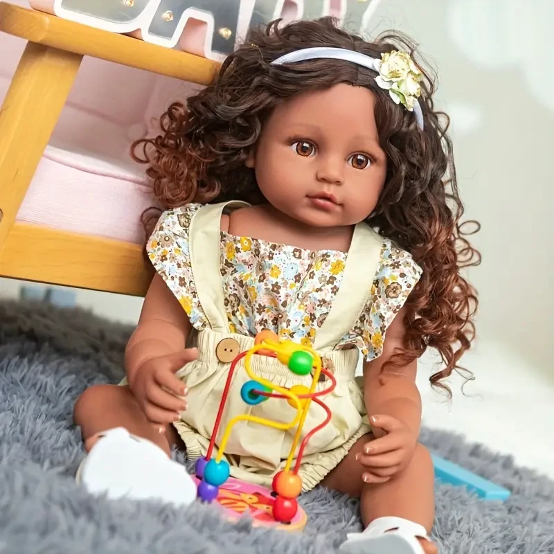 Muñeca bebé renacida de 22 pulgadas/55 cm con cabello rizado brillante, realista, vinilo resistente al agua, regalo perfecto para Halloween, Acción de Gracias y Navidad.