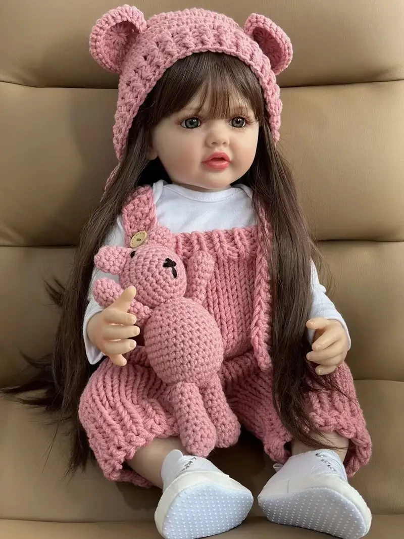 Muñeca bebé renacida de silicona suave y realista de 55 cm y 22 pulgadas con pelo largo y castaño, juguete de princesa para bebé, regalo de Halloween y Navidad.