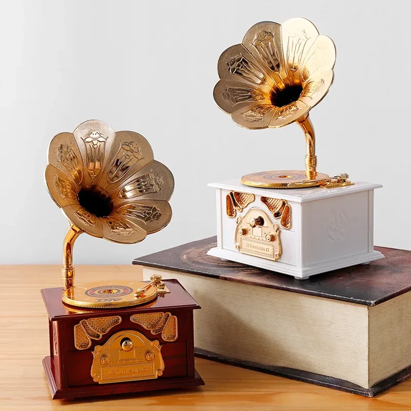 Adornos decorativos nostálgicos de caja de música con fonógrafo