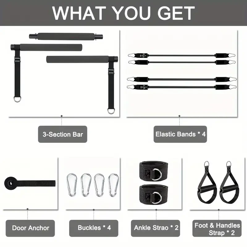Kit de barra de pilates de EVA con 4 bandas de resistencia (30 y 22,68 kg): equipo de gimnasio ajustable y portátil para el hogar.