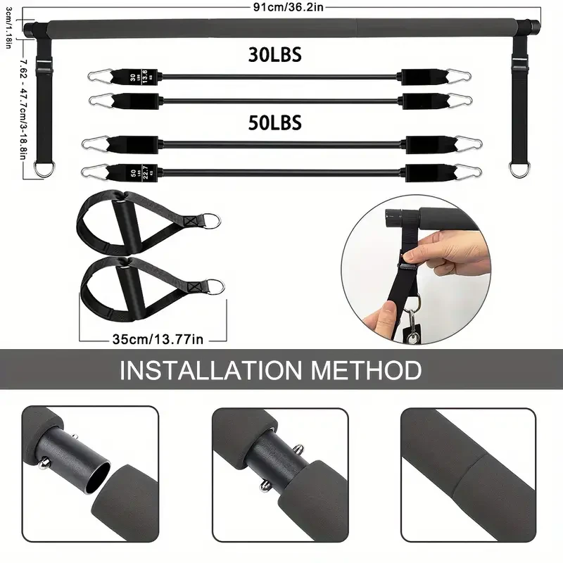 Kit de barra de pilates de EVA con 4 bandas de resistencia (30 y 22,68 kg): equipo de gimnasio ajustable y portátil para el hogar.