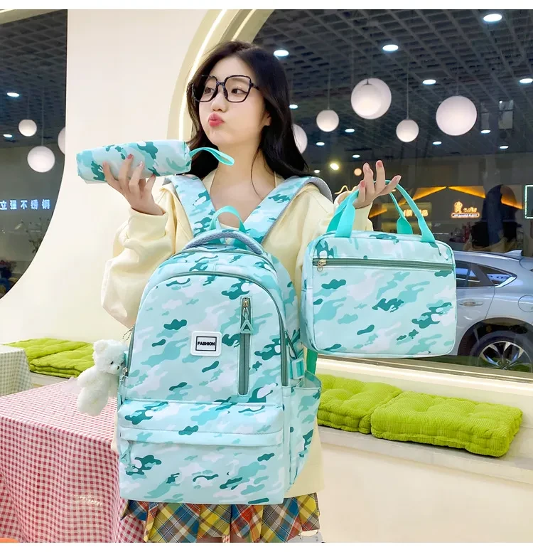 Mochila de gran capacidad para niñas, mochila escolar de tres piezas y doble capa.