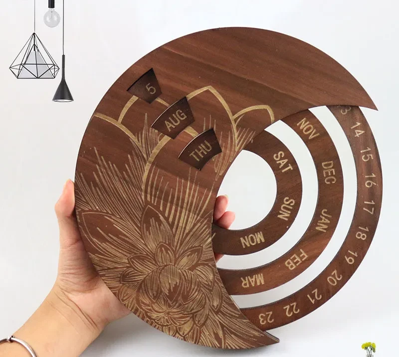 Calendario de pared de madera personalizado, redondo y perpetuo.