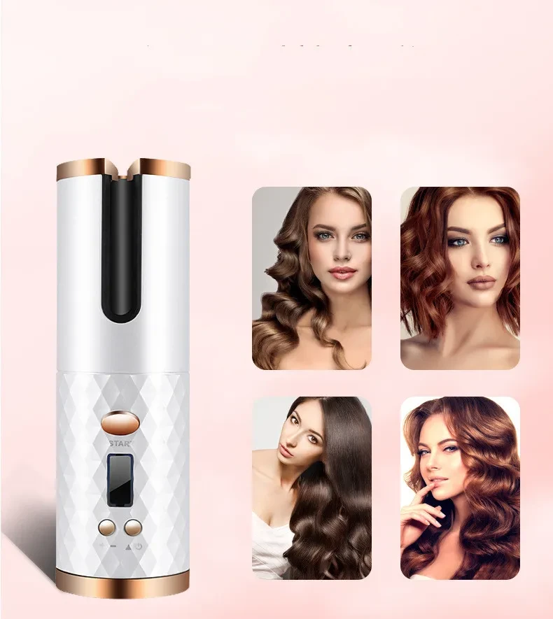 Rizador de pelo automático recargable para mujer, portátil, con pantalla LCD, de cerámica, giratorio y rizado