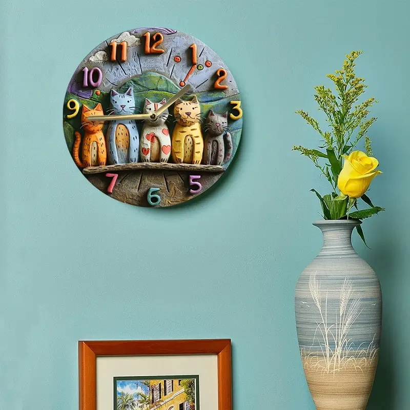 Reloj de pared de cuarzo con adorables gatos caprichosos de 8 pulgadas