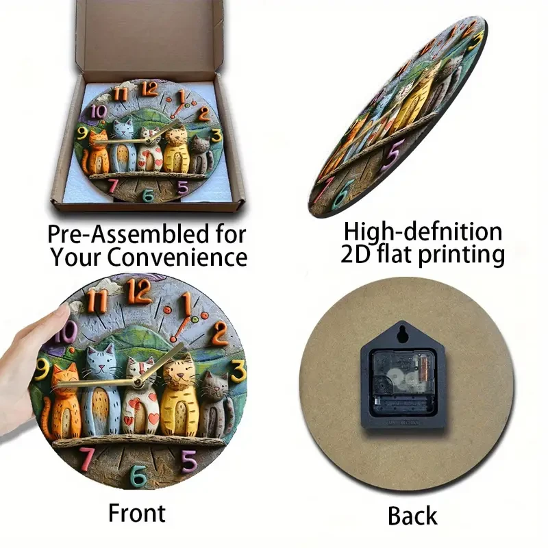 Reloj de pared de cuarzo con adorables gatos caprichosos de 8 pulgadas
