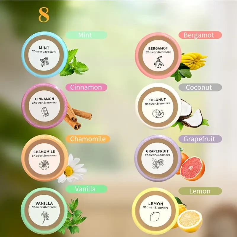 Bombas de baño con vaporizador de ducha (paquete de 8) y aceite esencial