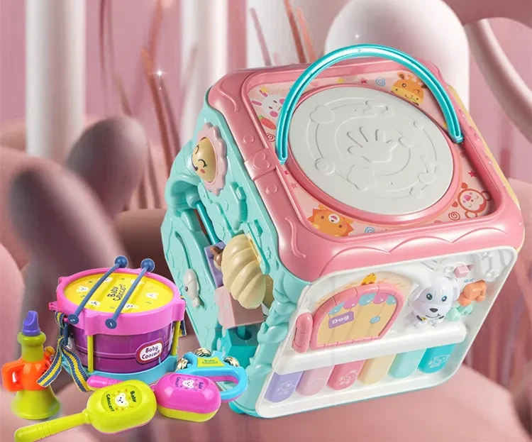 Tambor de mano para bebé, palmaditas para niños, educación temprana, 8 rompecabezas, juguetes para bebés, 2 hexaedros musicales