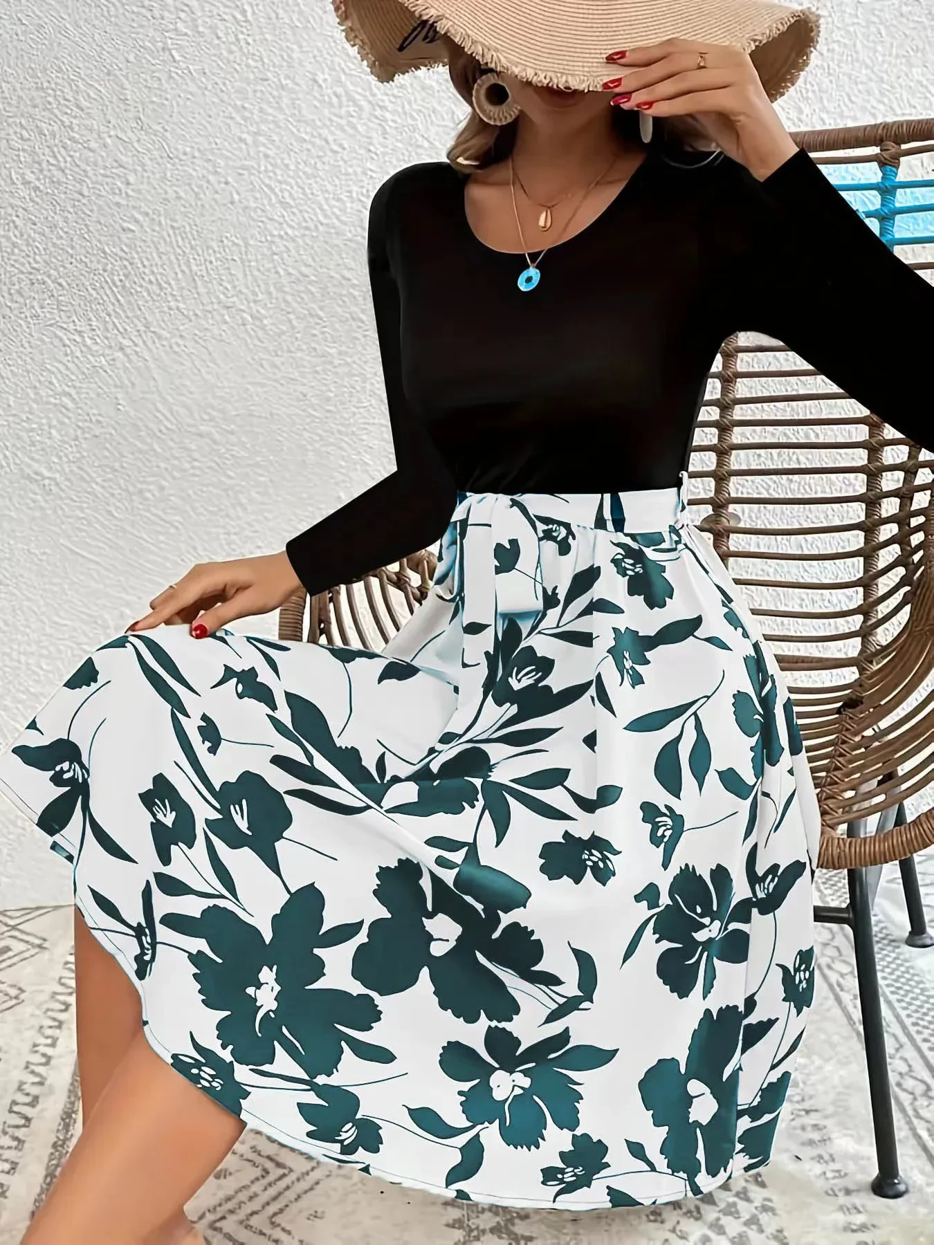 Vestido de manga larga con estampado floral, cuello redondo, lazo, ajustado, ropa de mujer